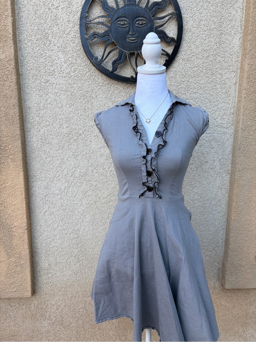 Anni Coco Y2K Pinup Grey Ruffle Collar Heart Button Up Short Sleeve Skater Dres